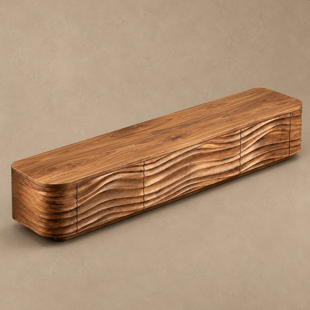 Contemporary Sculpted Wood TV Stand With Wave Carved Front For Living Room