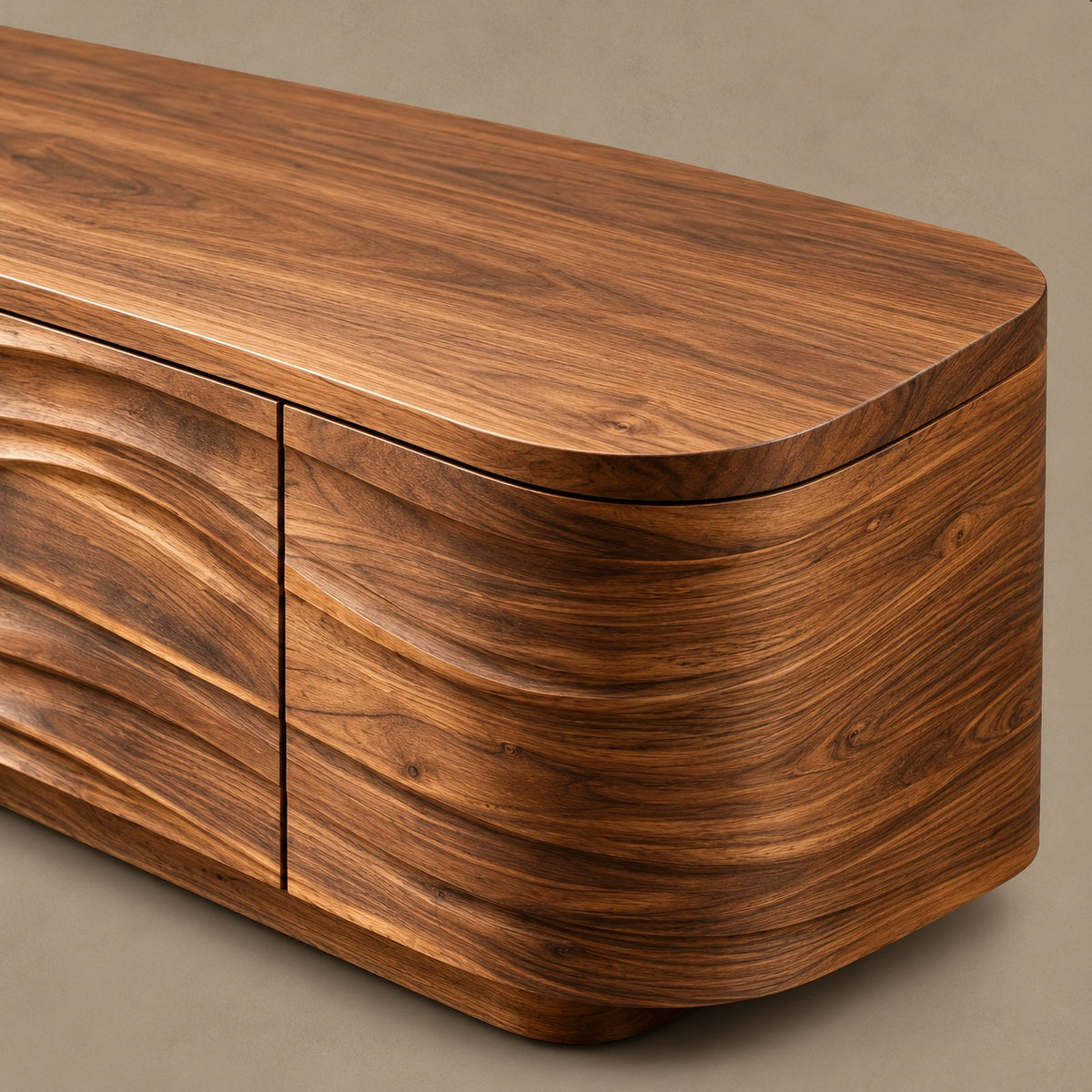 Contemporary Sculpted Wood TV Stand With Wave Carved Front For Living Room