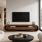 Modern Curved Wood Media Console With Open Shelf For Living Room