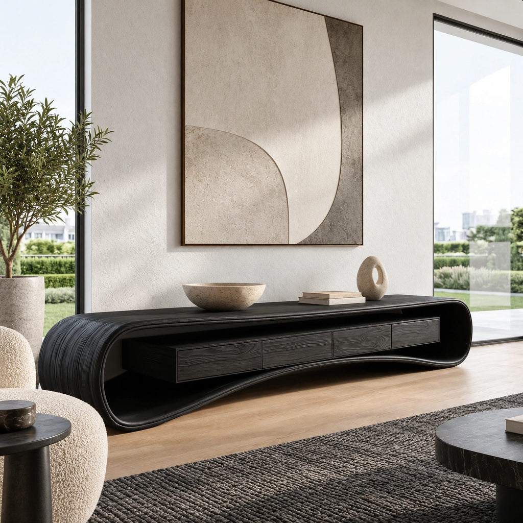 Modern Curved Wood Media Console With Open Shelf For Living Room