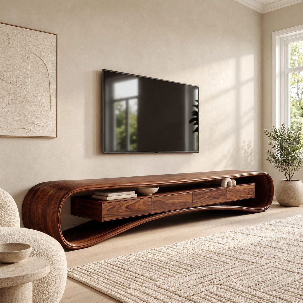 Modern Curved Wood Media Console With Open Shelf For Living Room