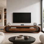 Modern Curved Wood Media Console With Open Shelf For Living Room