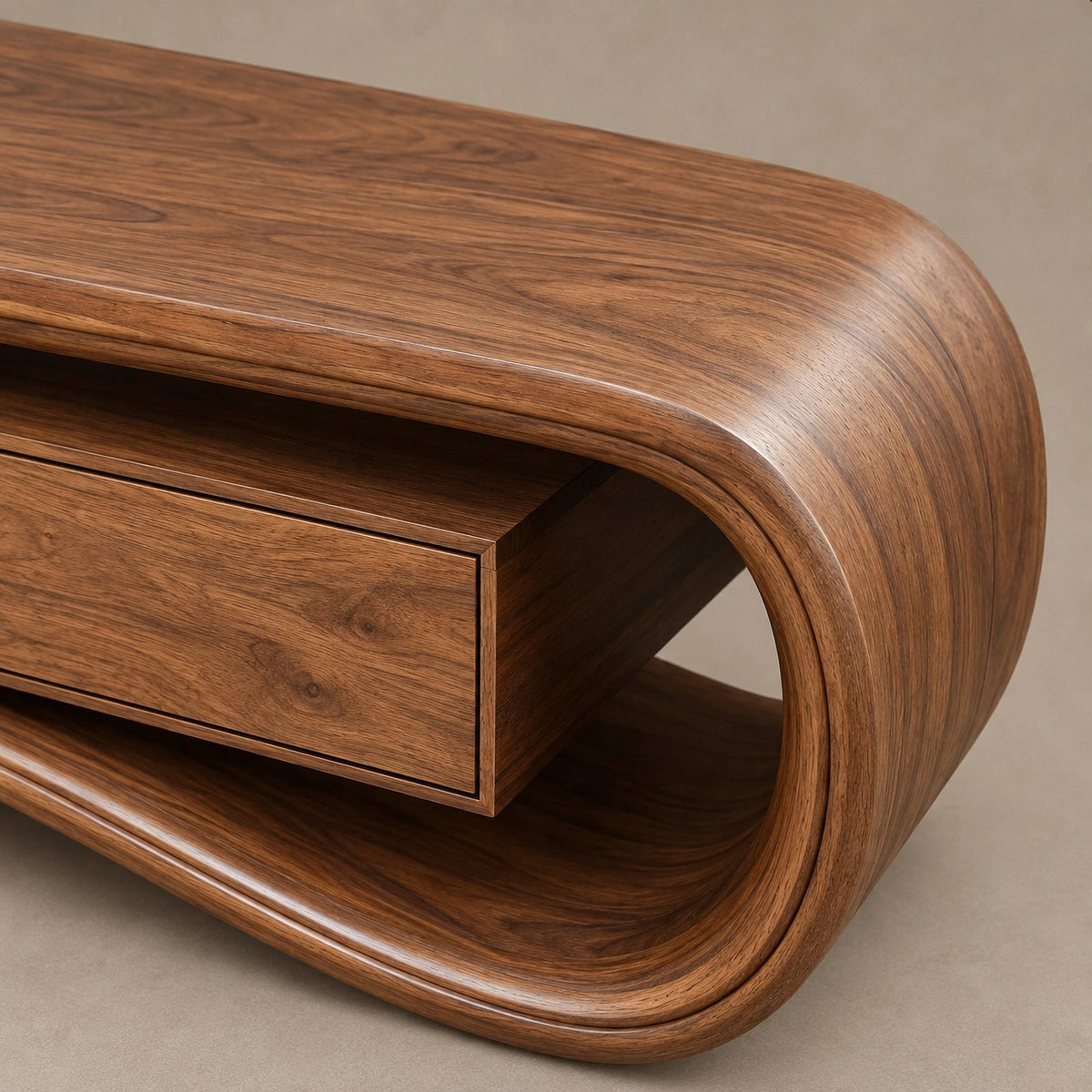Modern Curved Wood Media Console With Open Shelf For Living Room