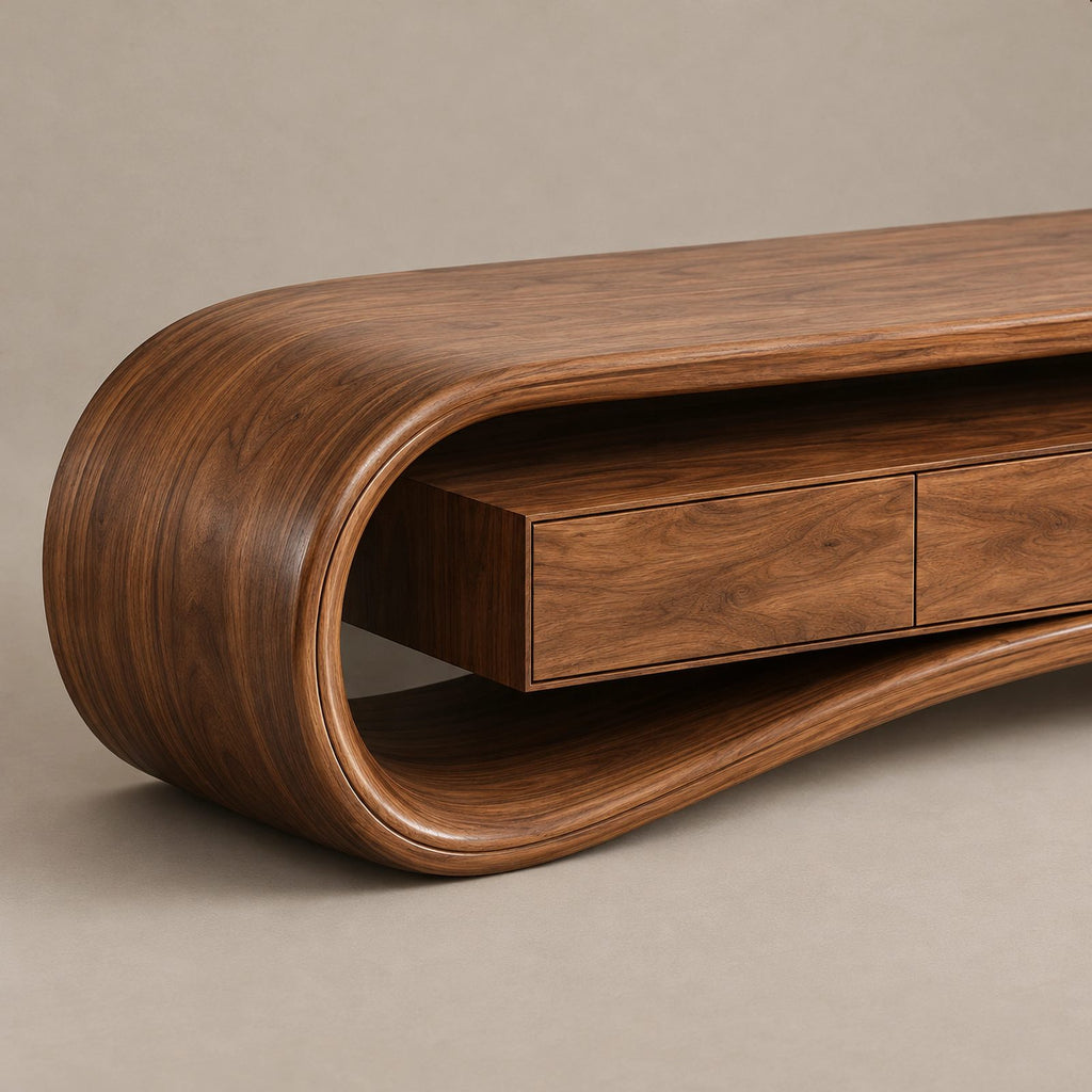 Modern Curved Wood Media Console With Open Shelf For Living Room