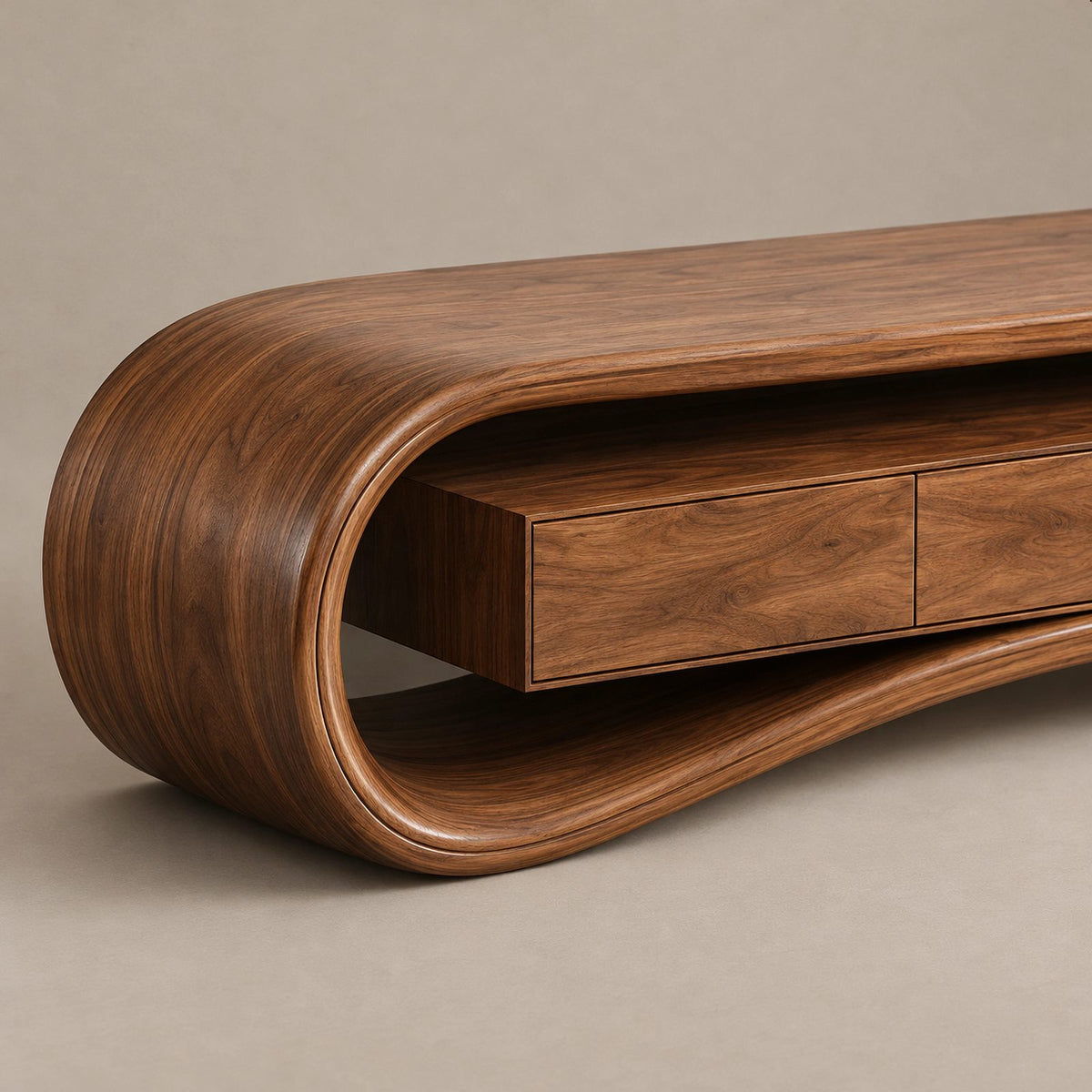 Modern Curved Wood Media Console With Open Shelf For Living Room