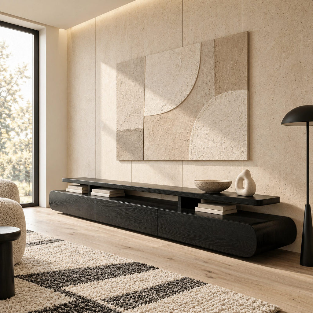 Organic Wood TV Stand With Rounded Open Shelf For Living Room