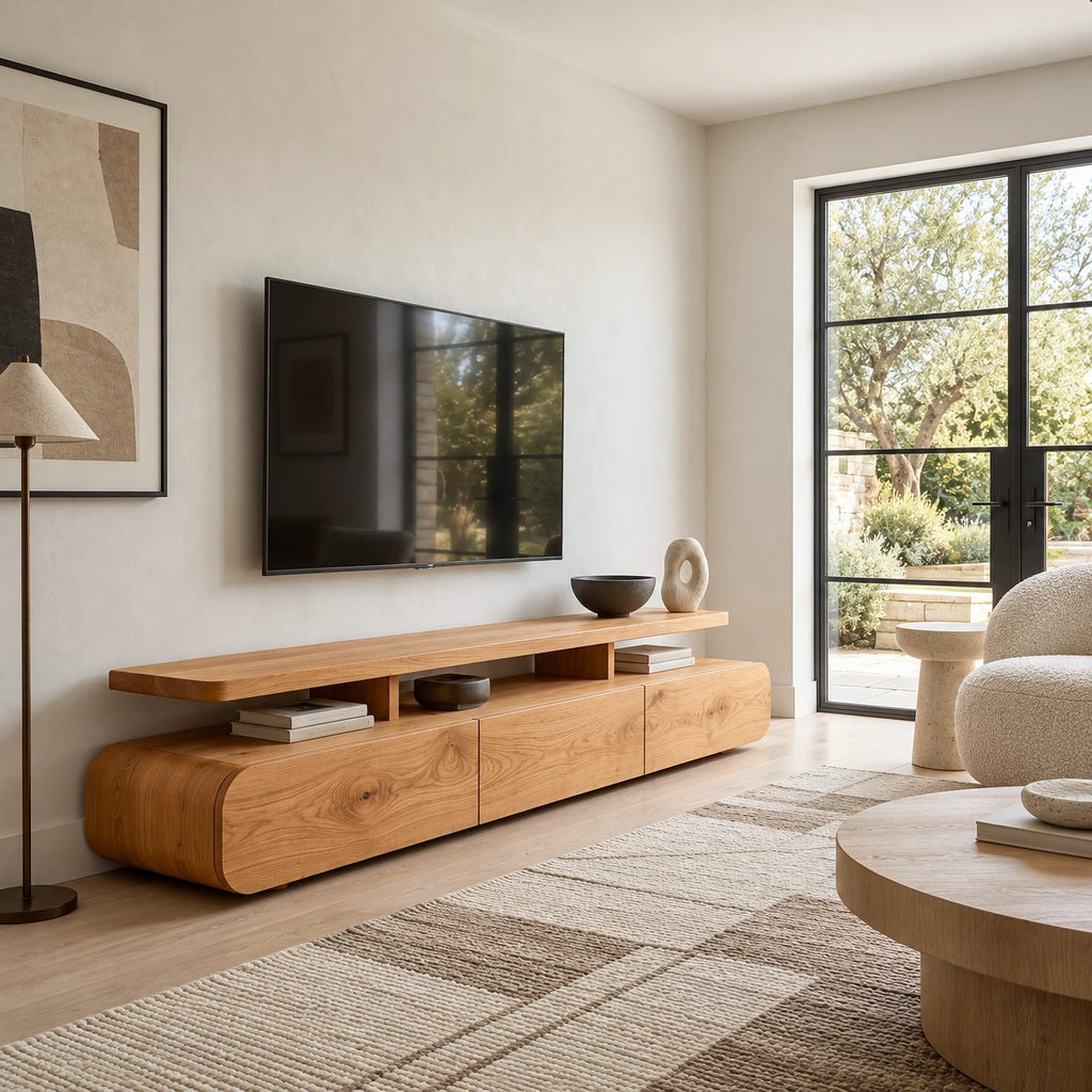 Organic Wood TV Stand With Rounded Open Shelf For Living Room