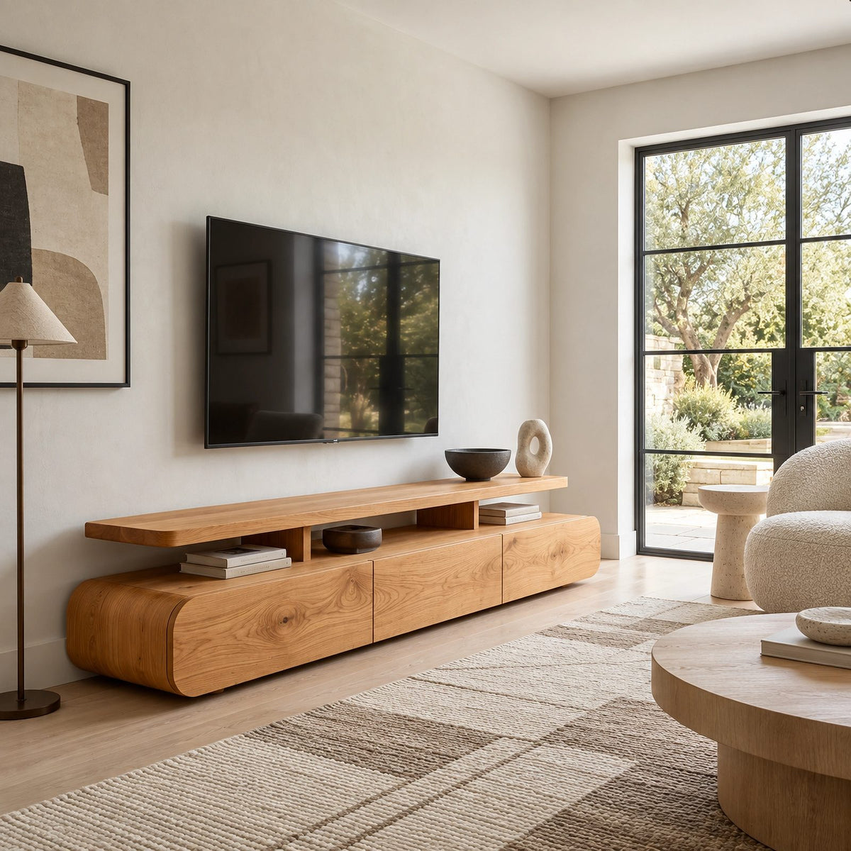 Organic Wood TV Stand With Rounded Open Shelf For Living Room