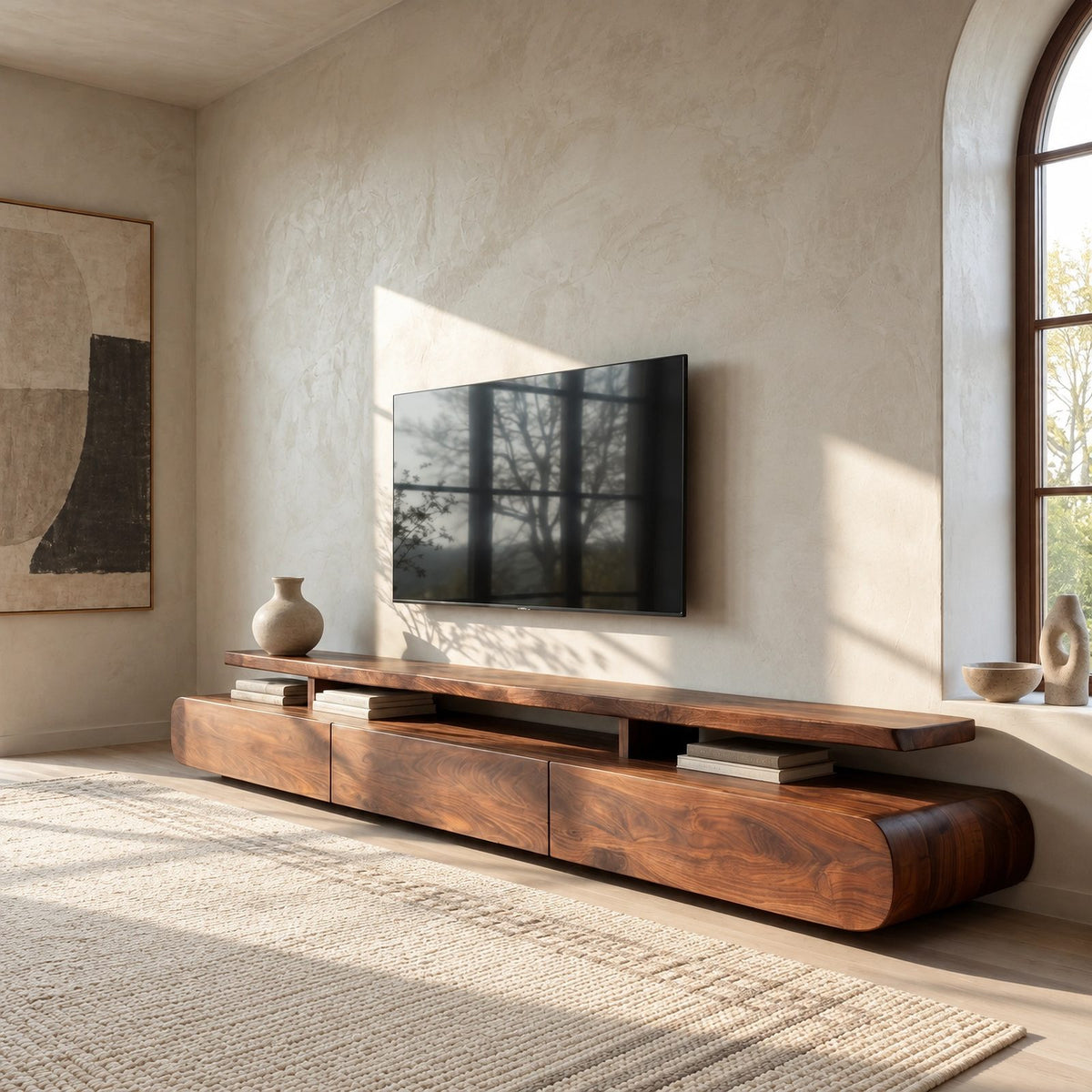 Organic Wood TV Stand With Rounded Open Shelf For Living Room