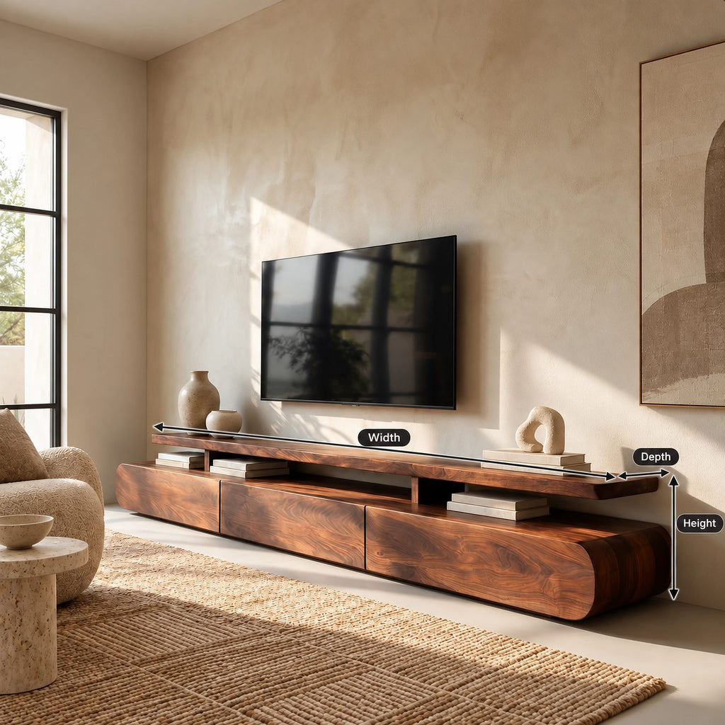 Organic Wood TV Stand With Rounded Open Shelf For Living Room