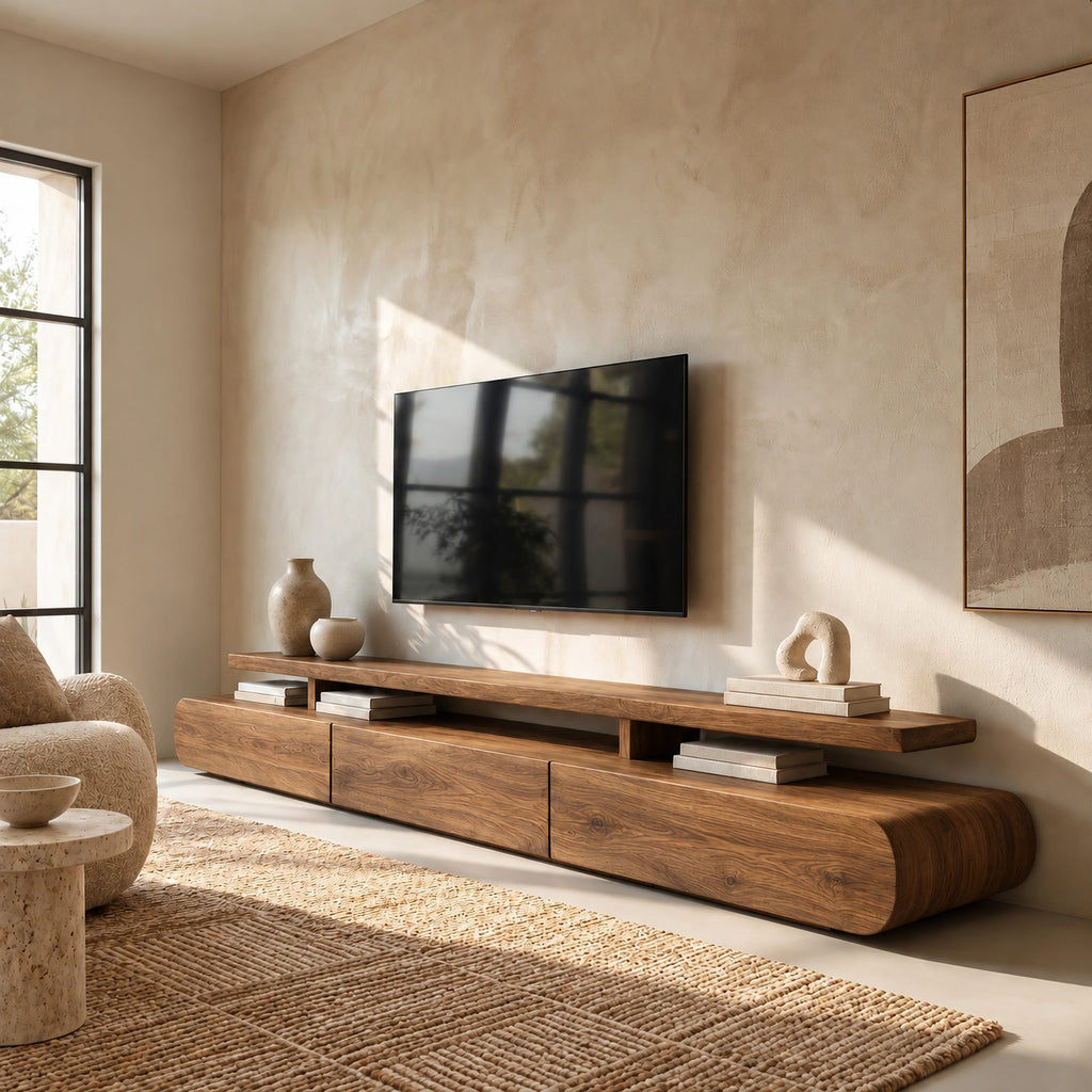 Organic Wood TV Stand With Rounded Open Shelf For Living Room