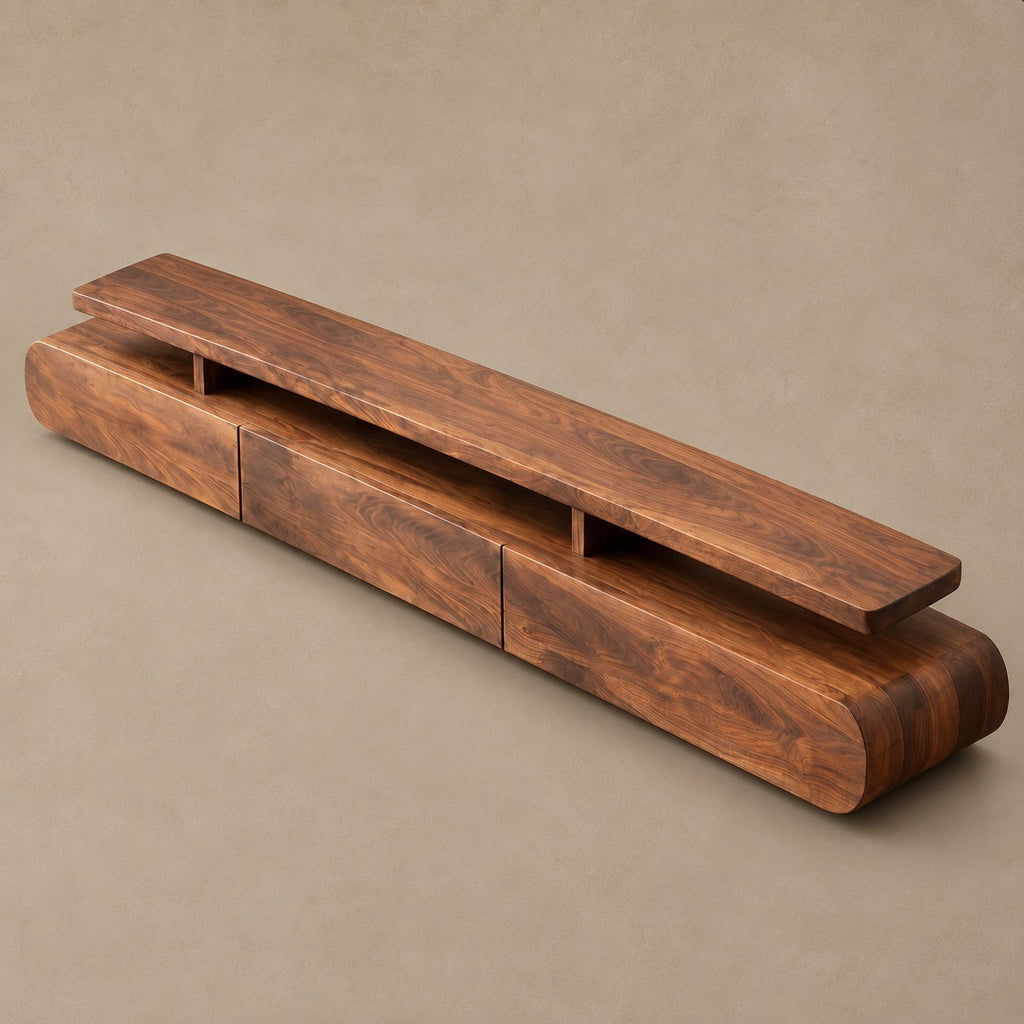 Organic Wood TV Stand With Rounded Open Shelf For Living Room
