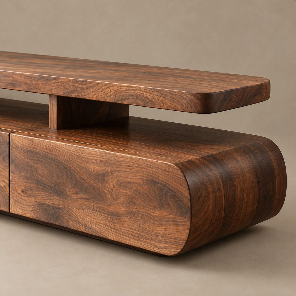 Organic Wood TV Stand With Rounded Open Shelf For Living Room