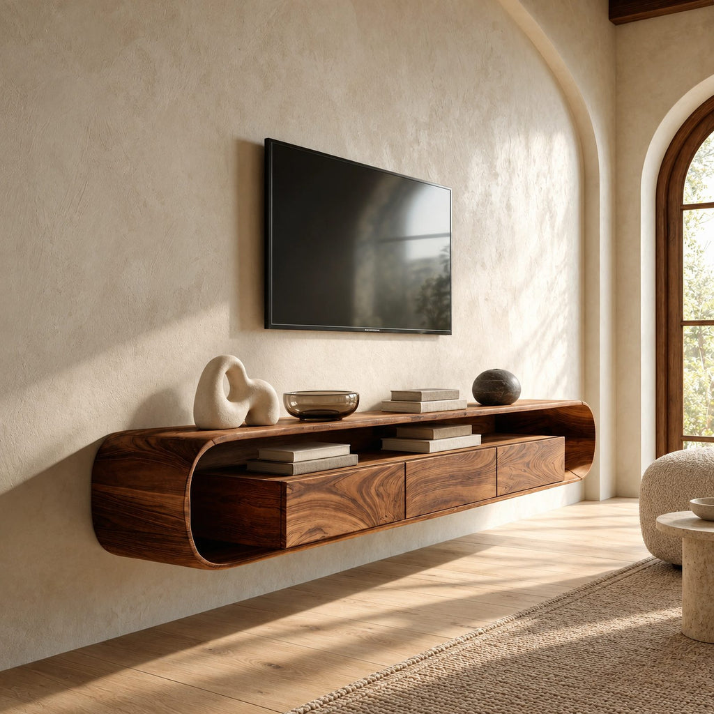 Floating Wood Media Console With Rounded Edges For Living Room