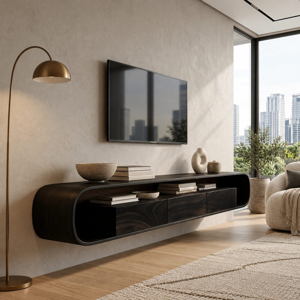 Floating Wood Media Console With Rounded Edges For Living Room