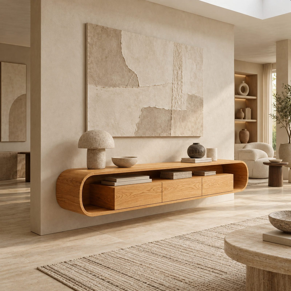 Floating Wood Media Console With Rounded Edges For Living Room