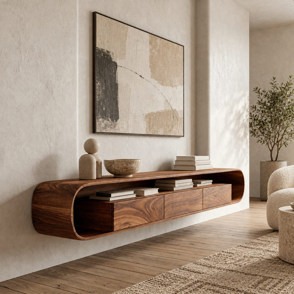 Floating Wood Media Console With Rounded Edges For Living Room