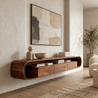 Floating Wood Media Console With Rounded Edges For Living Room