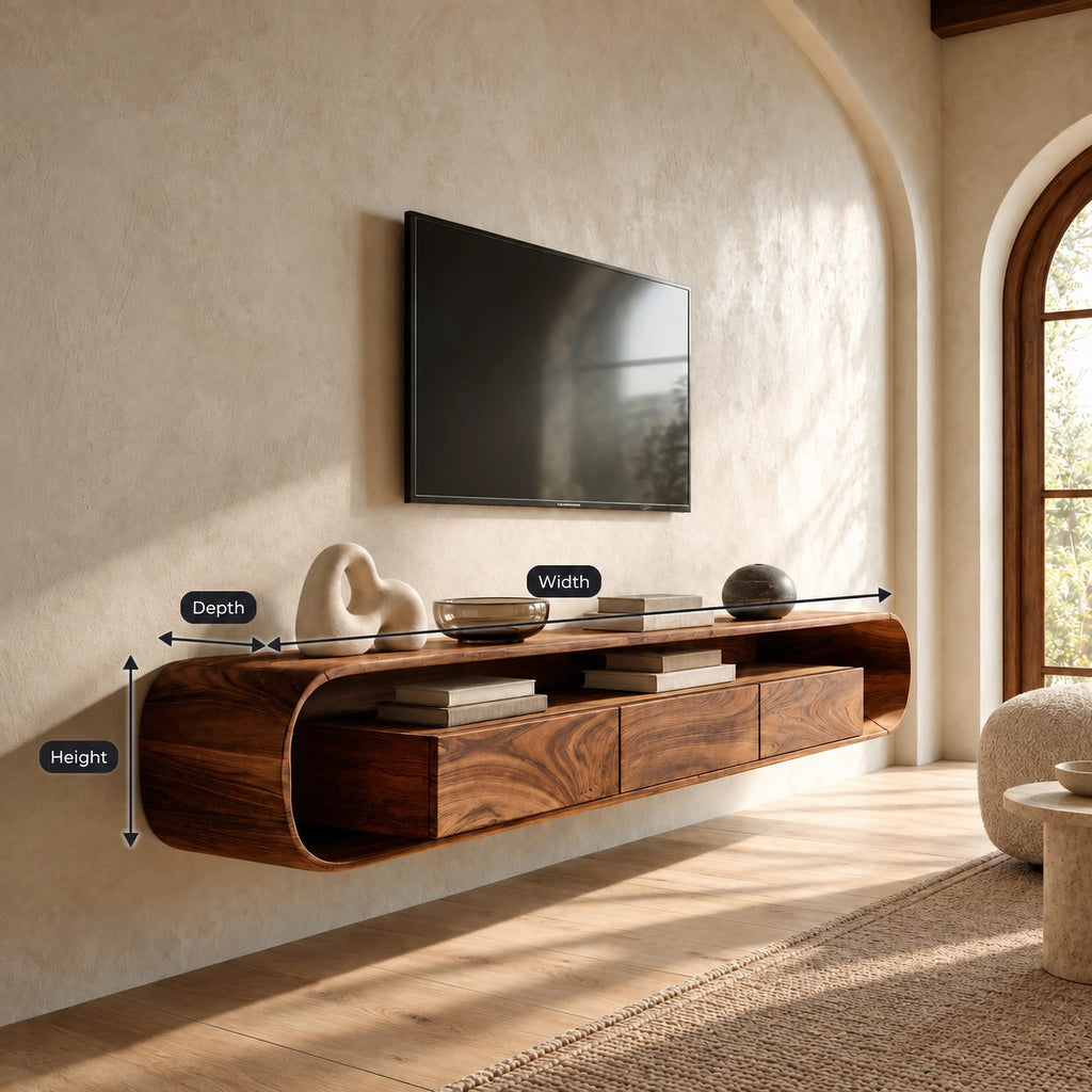 Floating Wood Media Console With Rounded Edges For Living Room