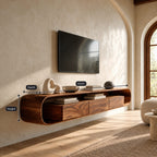 Floating Wood Media Console With Rounded Edges For Living Room