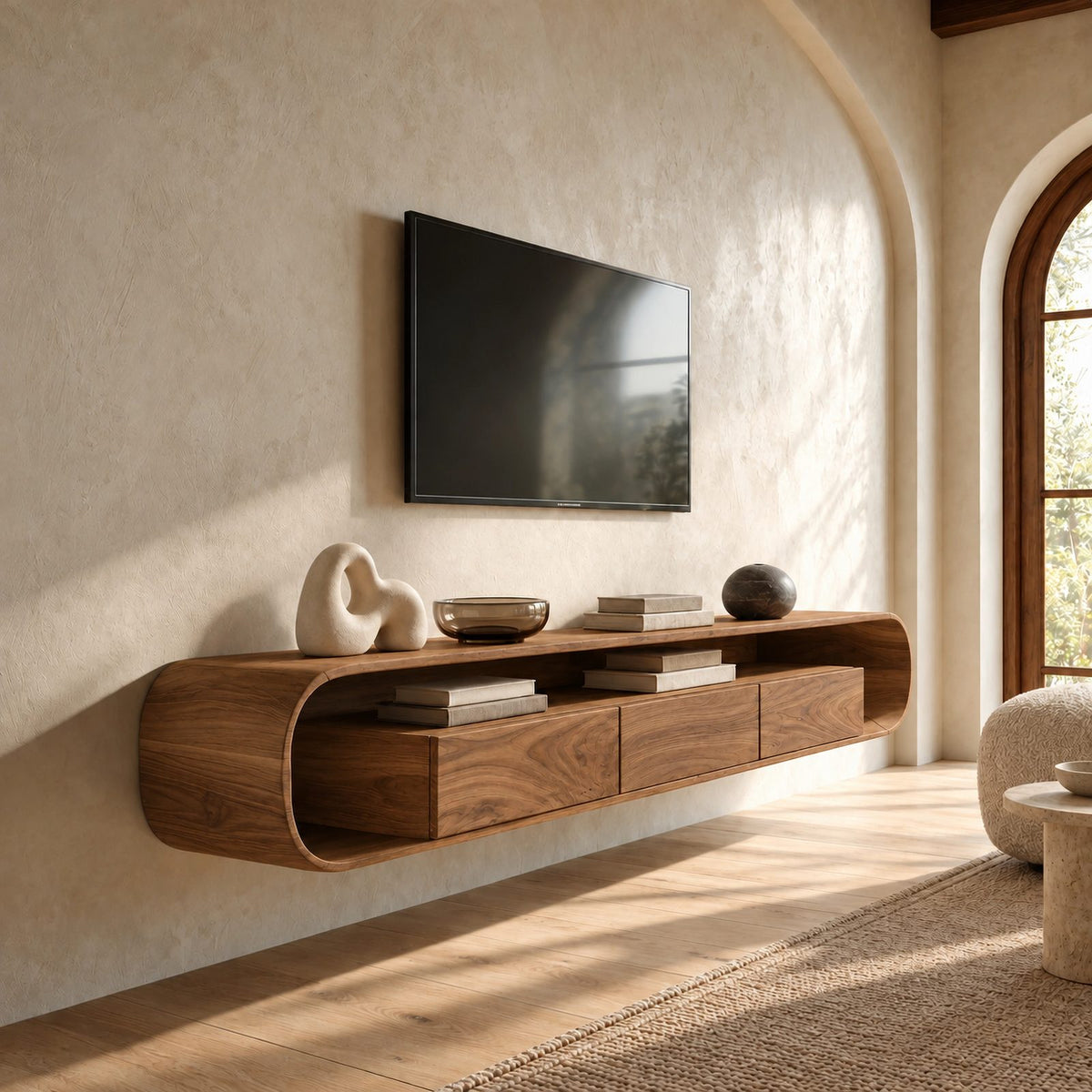 Floating Wood Media Console With Rounded Edges For Living Room