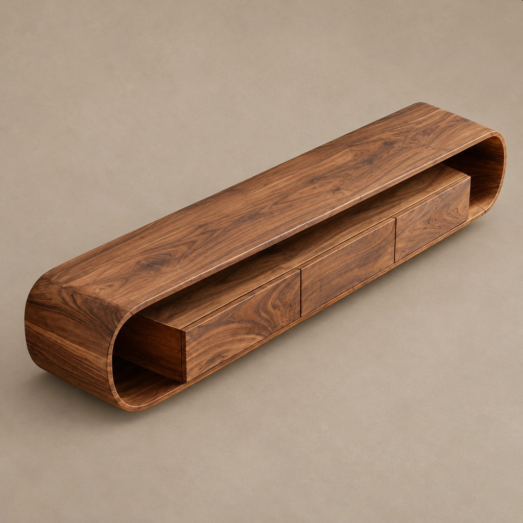 Floating Wood Media Console With Rounded Edges For Living Room