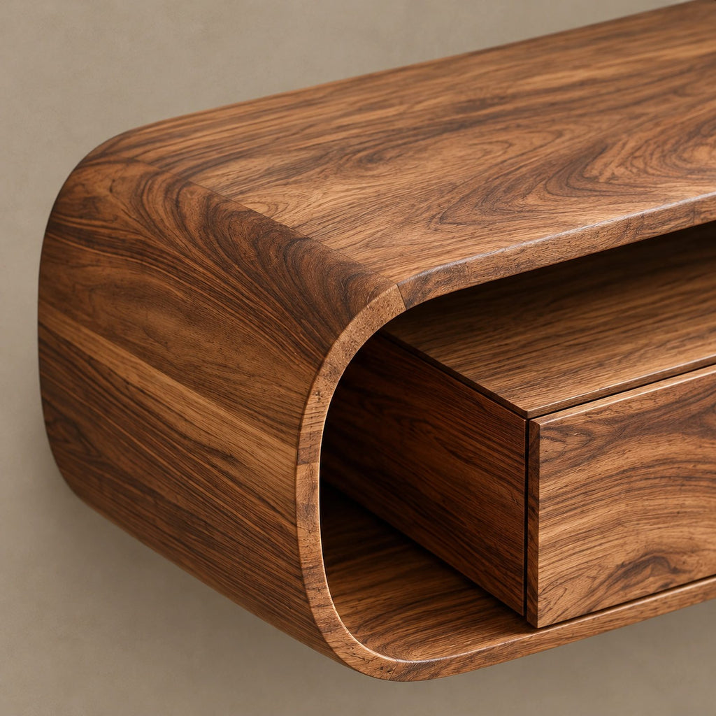 Floating Wood Media Console With Rounded Edges For Living Room