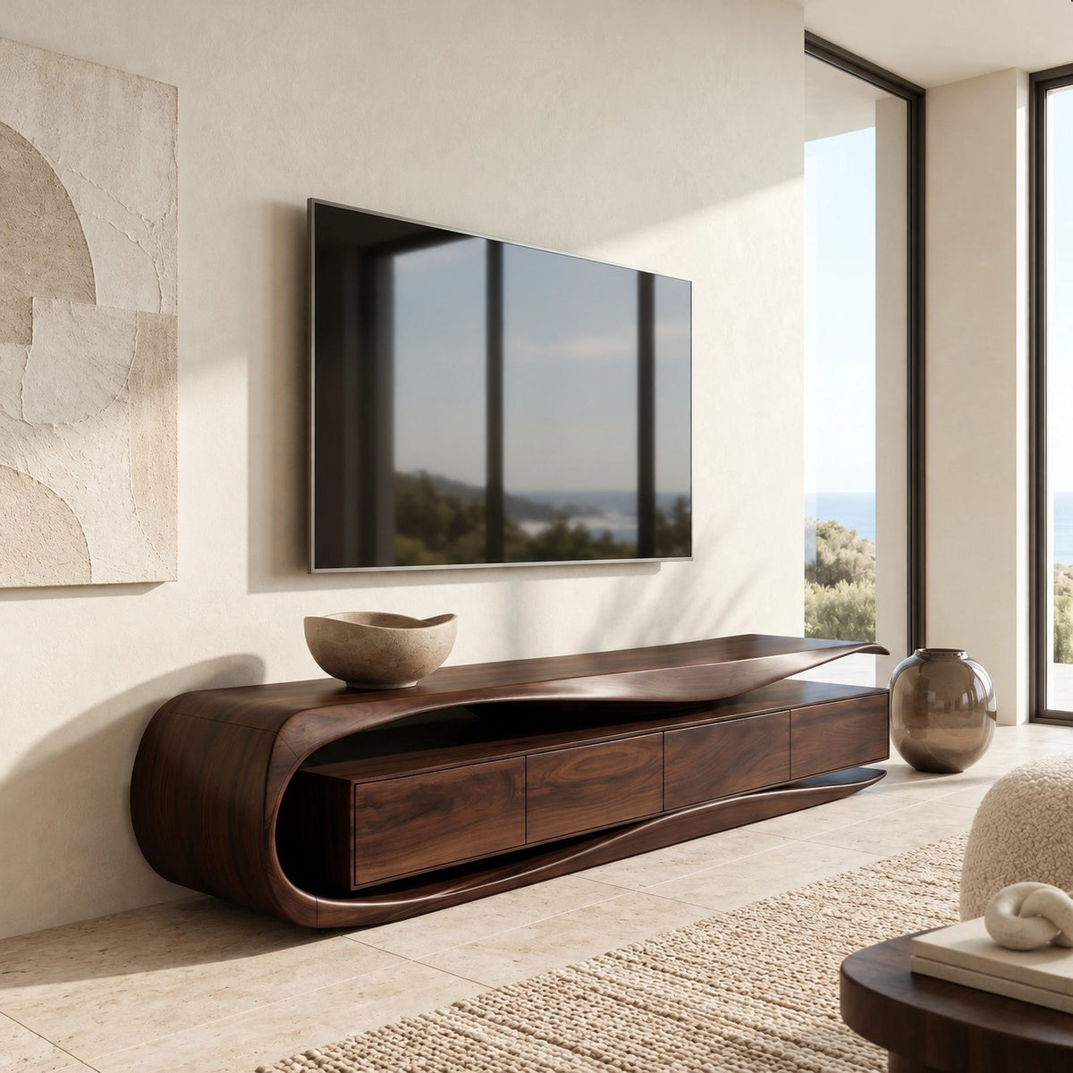 Sculptural Wood TV Stand With Curved Waterfall Base For Living Room