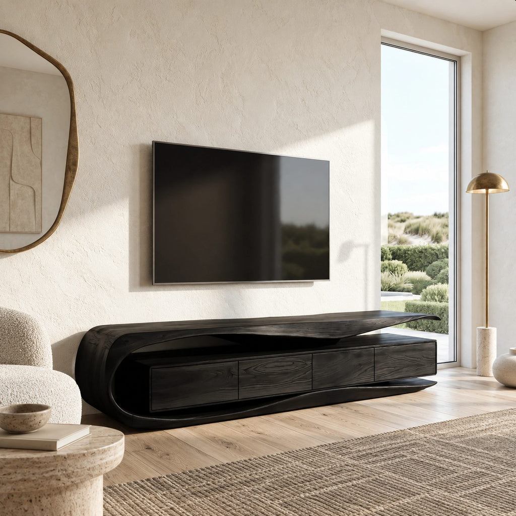 Sculptural Wood TV Stand With Curved Waterfall Base For Living Room