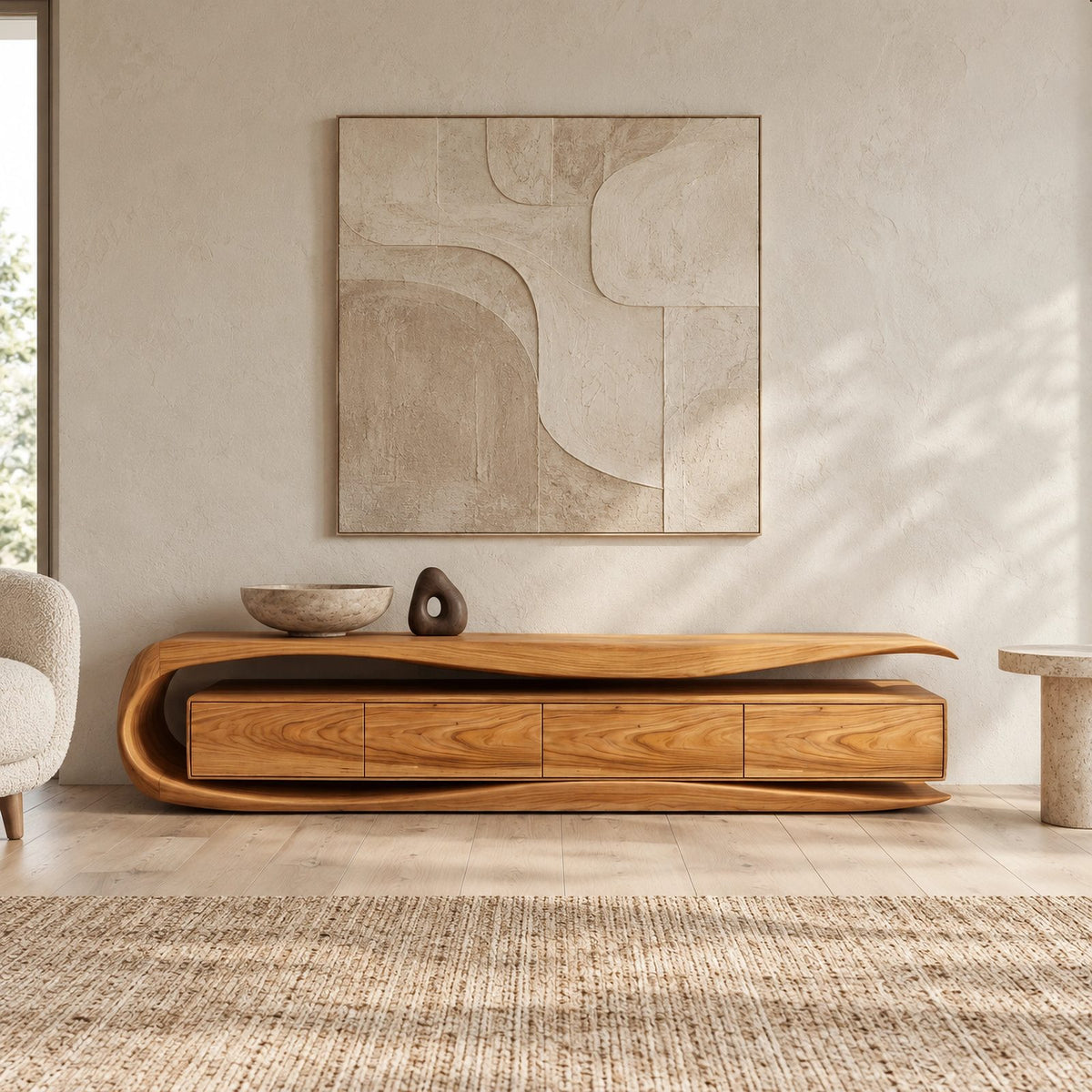 Sculptural Wood TV Stand With Curved Waterfall Base For Living Room