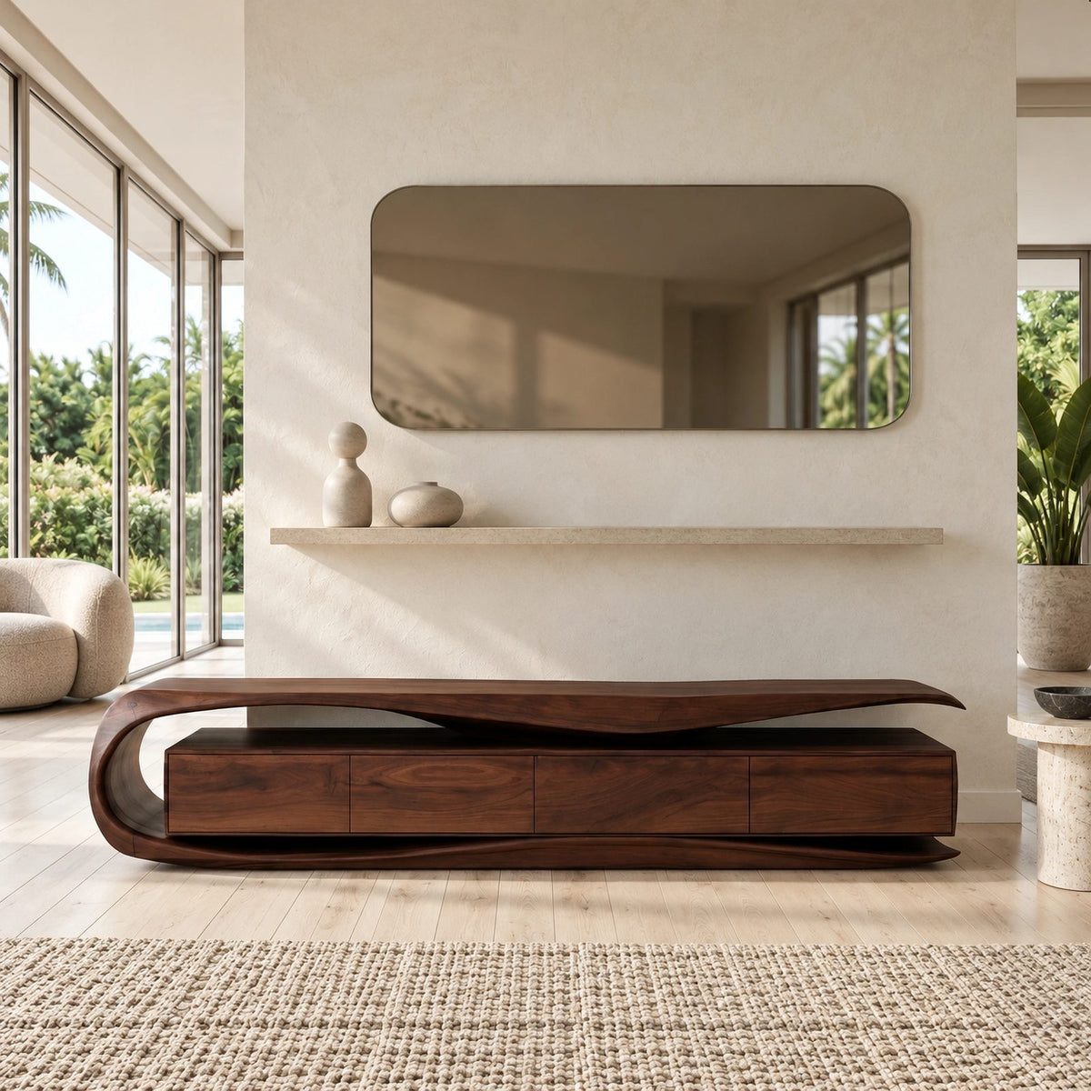 Sculptural Wood TV Stand With Curved Waterfall Base For Living Room