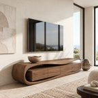 Sculptural Wood TV Stand With Curved Waterfall Base For Living Room