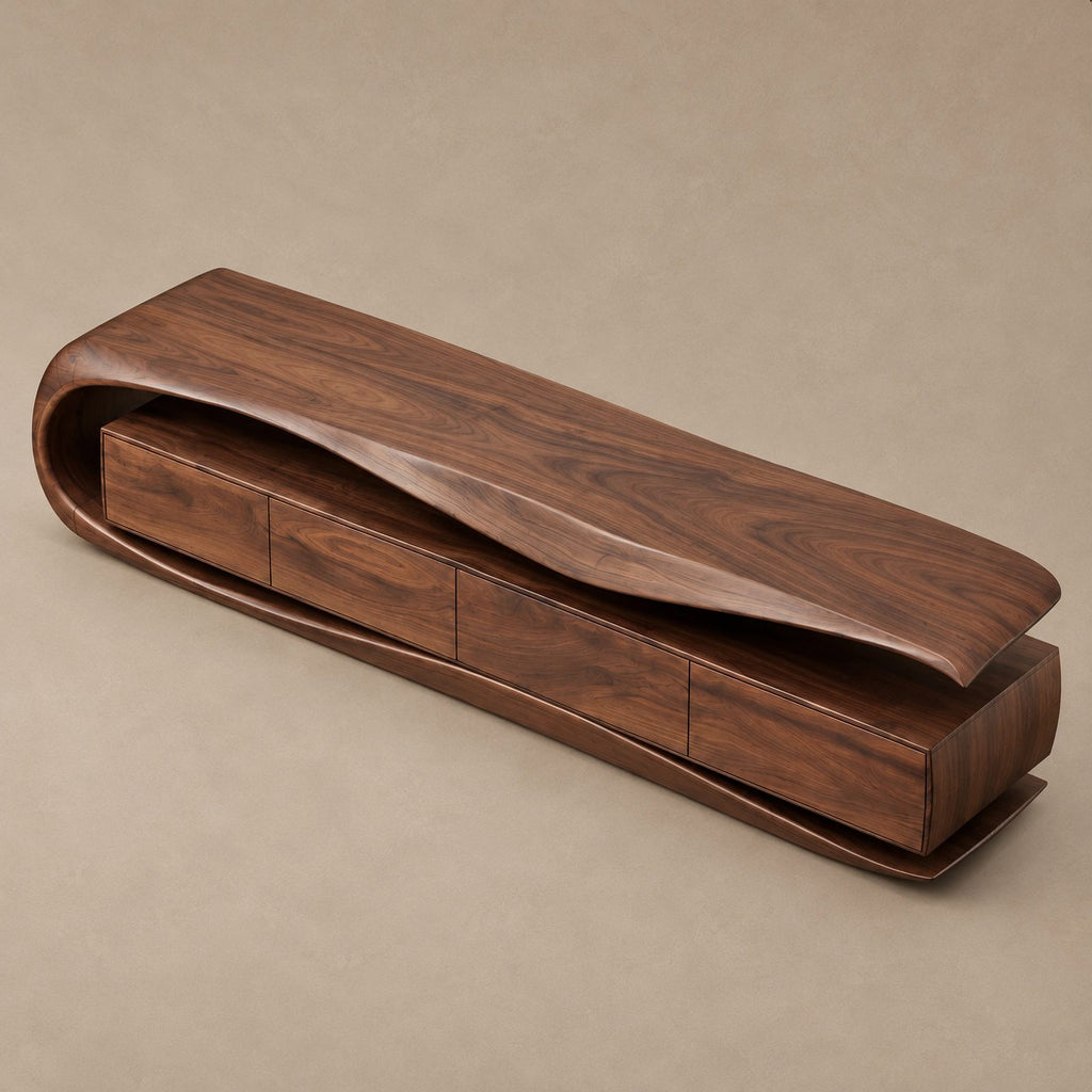 Sculptural Wood TV Stand With Curved Waterfall Base For Living Room