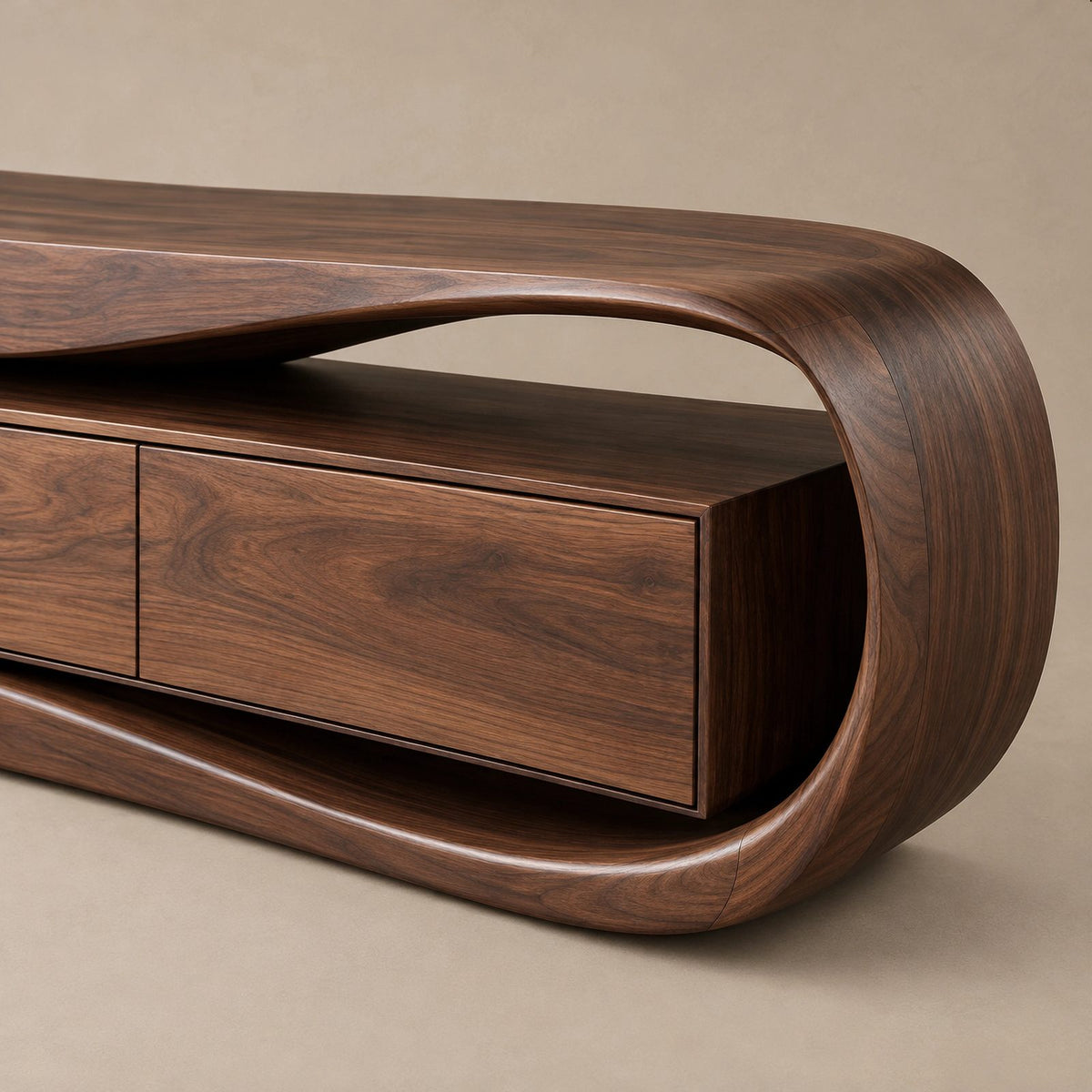 Sculptural Wood TV Stand With Curved Waterfall Base For Living Room