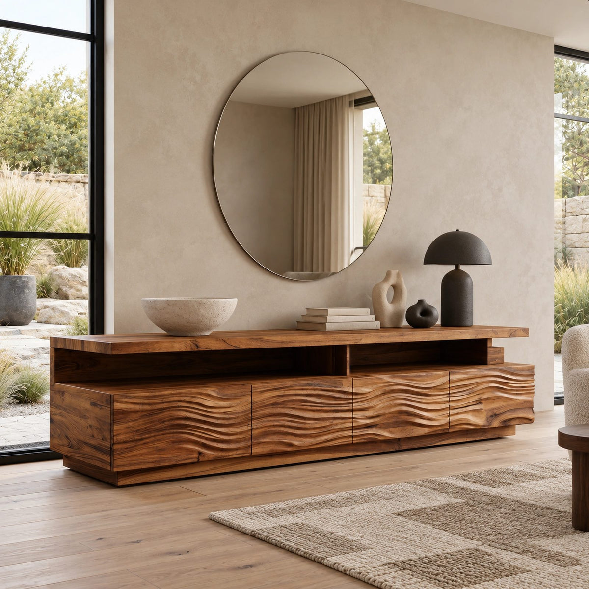 Contemporary Fluted Wood TV Stand With Wave Carved Front For Living Room