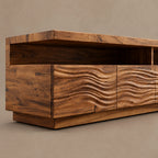 Contemporary Fluted Wood TV Stand With Wave Carved Front For Living Room