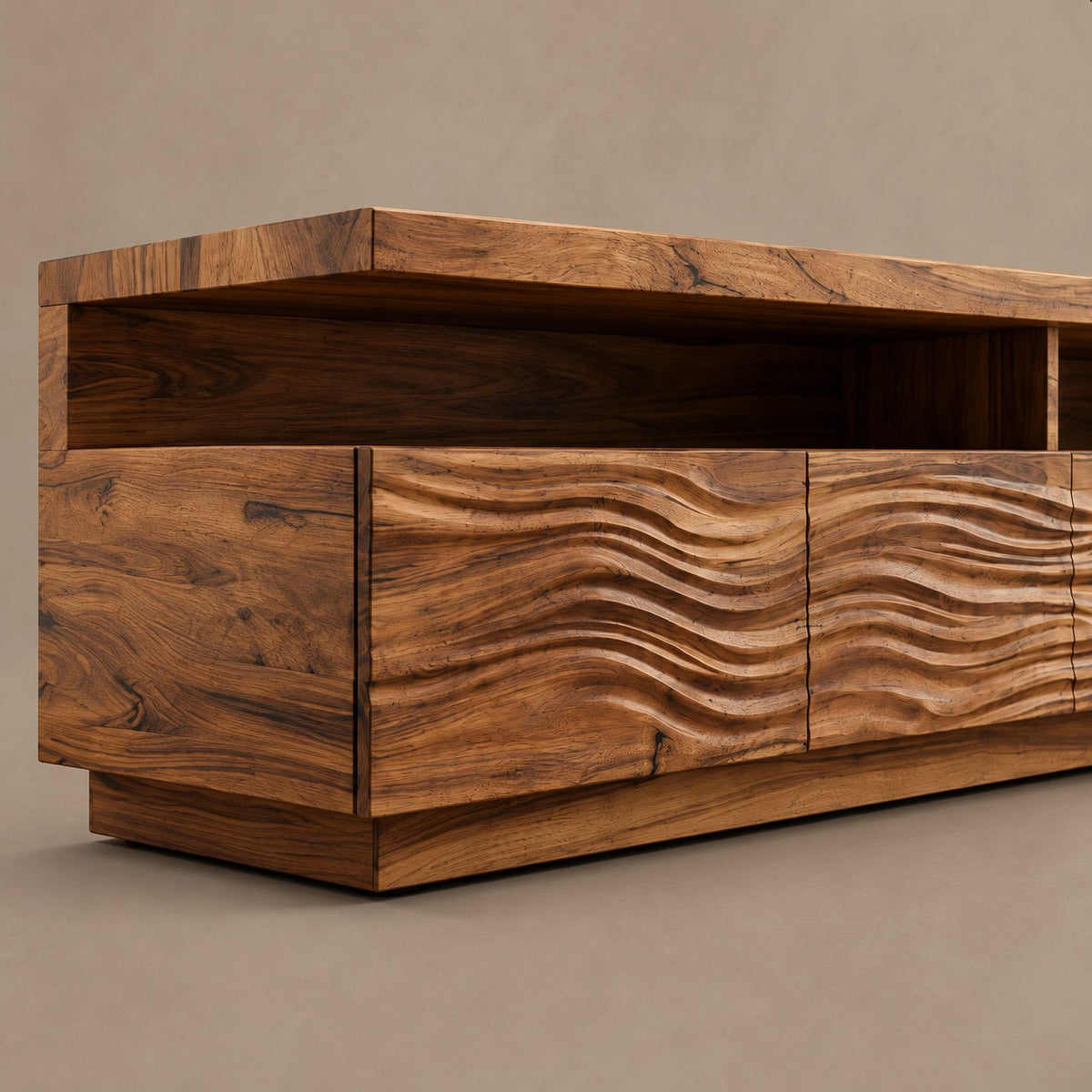 Contemporary Fluted Wood TV Stand With Wave Carved Front For Living Room