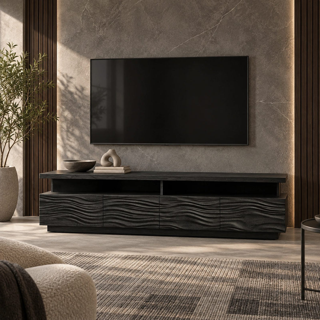 Contemporary Fluted Wood TV Stand With Wave Carved Front For Living Room