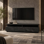Contemporary Fluted Wood TV Stand With Wave Carved Front For Living Room