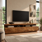 Contemporary Fluted Wood TV Stand With Wave Carved Front For Living Room