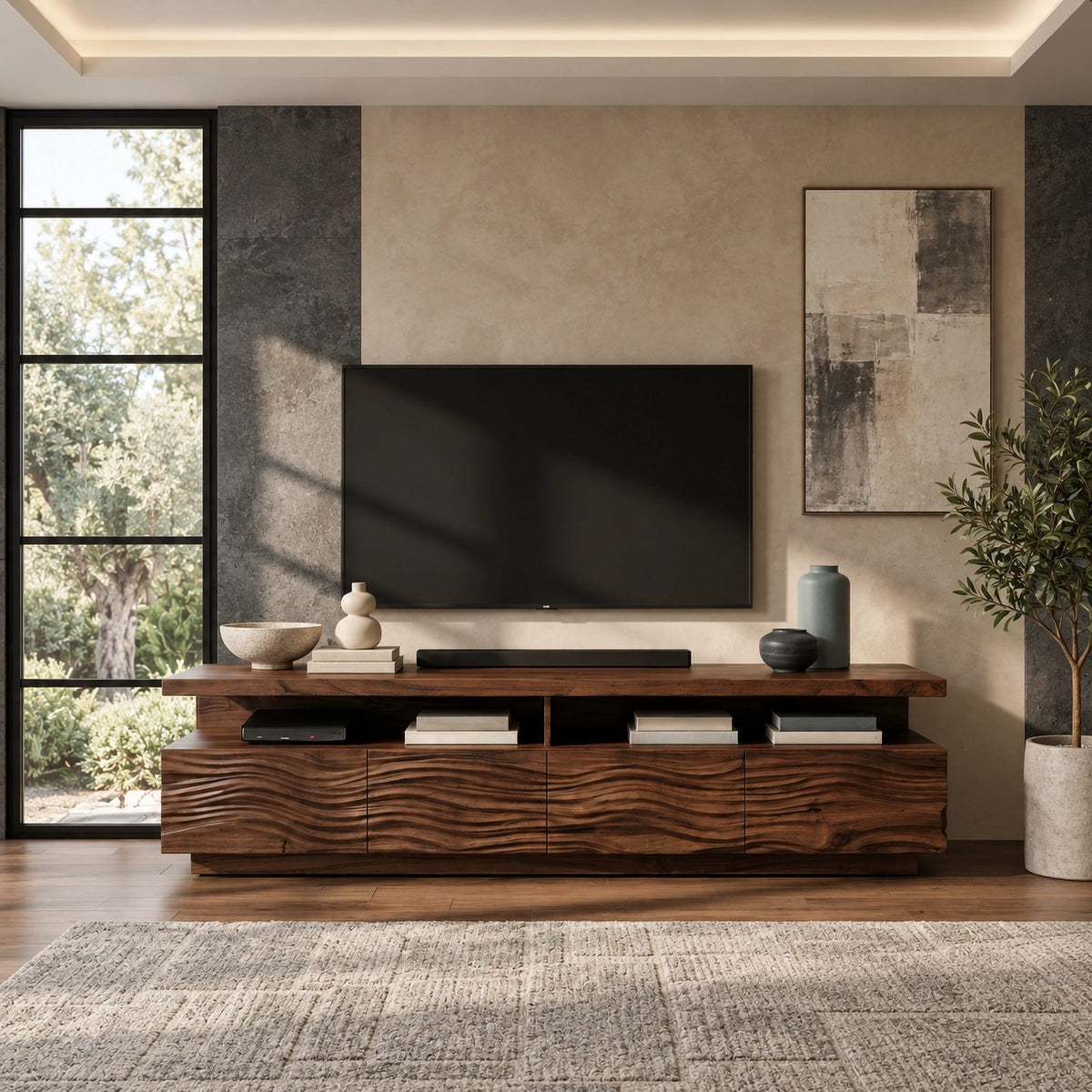Contemporary Fluted Wood TV Stand With Wave Carved Front For Living Room