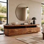 Contemporary Fluted Wood TV Stand With Wave Carved Front For Living Room