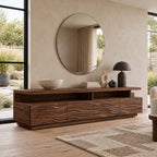 Contemporary Fluted Wood TV Stand With Wave Carved Front For Living Room