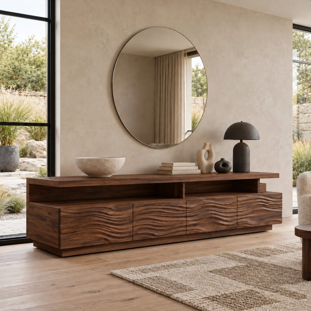 Contemporary Fluted Wood TV Stand With Wave Carved Front For Living Room