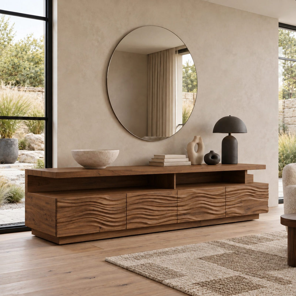Contemporary Fluted Wood TV Stand With Wave Carved Front For Living Room