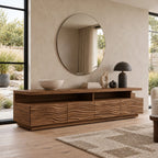 Contemporary Fluted Wood TV Stand With Wave Carved Front For Living Room