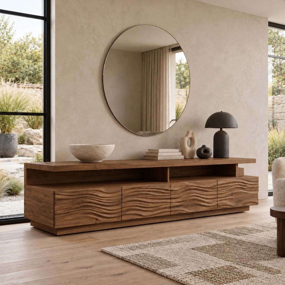 Contemporary Fluted Wood TV Stand With Wave Carved Front For Living Room