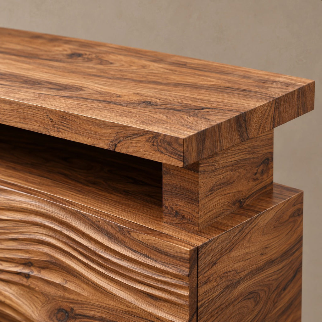 Contemporary Fluted Wood TV Stand With Wave Carved Front For Living Room