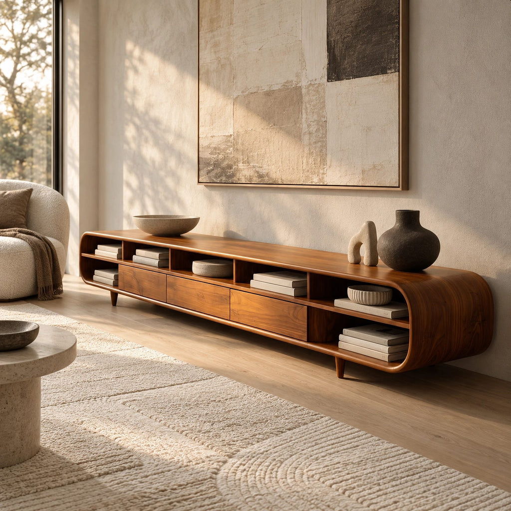 Mid Century Wood Media Console With Open Compartments For Living Room