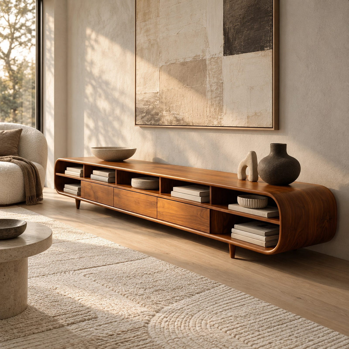 Mid Century Wood Media Console With Open Compartments For Living Room
